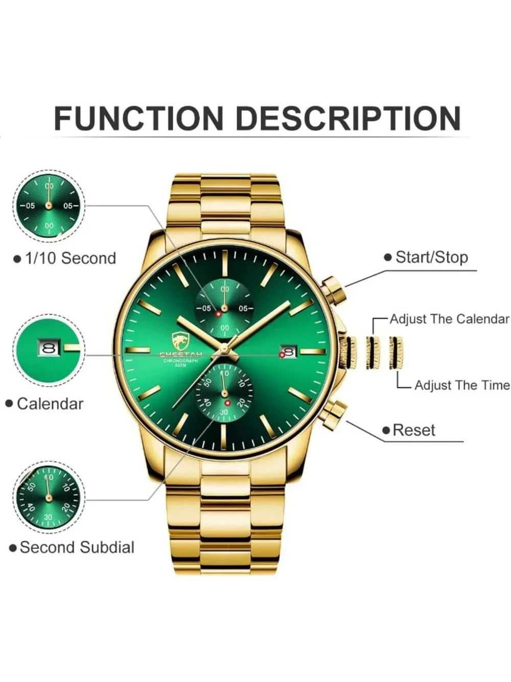 Men's Gold Green Classic Stainless Steel Waterproof Chronograph Quartz Watch